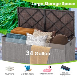 Tangkula 34 Gallon Outdoor Storage Bench with Seat Cushion, Patio Mix Brown Wicker Deck Box with Waterproof Liner and Side Handles, Outdoor Storage Bench for Cushions, Garden Tools, Pool Accessories