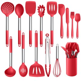 LIANYU 15-Piece Cooking Kitchen Utensils Set with Holder, Silicone Kitchen Tools Stainless Steel Handle, Slotted Spatula Spoon Turner Tong Whisk Brush for Cooking, Red