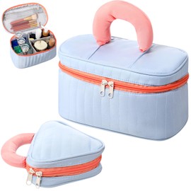 Shinylin 2 Pcs Cotton Quilted Makeup Bag Set Large Small Travel Cosmetic Bags Bulk with Handle Cute Coquette Aesthetic Toiletry Make Up Pouch Organizer for Women(Blue)