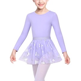 Sunny Fashion Girls Dress 2 Piece Set Purple Ballet Leotard Butterfly Tulle Long Sleeve 7-8