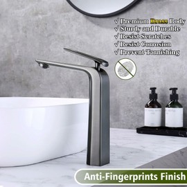 TOCALOCA Tall Vessel Sink Faucet Gun Grey Bathroom Sink Faucet Single Handle Basin Vanity Mixer Taps Modern Basin Faucet Single Hole