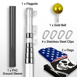 G128 Combo Pack: 25 Ft Telescoping Aluminum Flagpole (Silver) & American and Pirate Jolly Roger Bones Flags 3x5 Ft, Both ToughWeave Series Embroidered Polyester | Pole with Flags Included