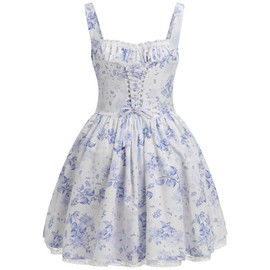 EFOGEP Women?s Floral Printed Corset Dress Spaghetti Strap Flare Summer Midi Dress Lace Trim Cami Dress Flowy Sundress Blue Floral XL