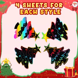 Christmas Scratch Paper Ornaments for Kids - 48Pcs Rainbow Scratch Off Note with Wooden Stylus Magic Color Art Crafts Bulk Gifts for Girls Boys Students Classroom Holiday Party Favors