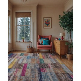 LUMI 5x8 Area Rug, Washable Soft Geometric Non Slip Vintage Rug, Non Shedding Low Pile Rug, Patchwork Design Foldable Floor Carpet for Living Room Bedroom Office Kids Playroom, Multi Colors