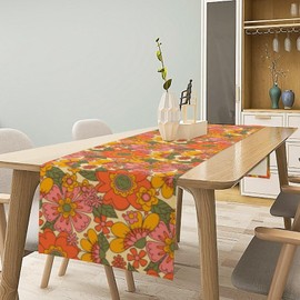 Retro 70s Floral Table Runner Hippie Daisy Flower Peace Love Birthday Party Retro Kitchen Dinning Home Decoration 13x36 Inch