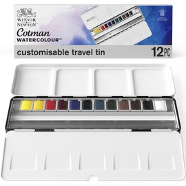 Winsor & Newton 0390453 Blue Box, 12 Vibrant Watercolour Paints Made of High-Quality Pigments in 1/2 Pans, with Mixing Palette, in Metal Box