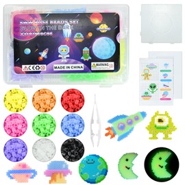 2200 Pieces 5 mm Ironing Beads Glow-in-the-Dark Children 12 Colours Ironing Beads Bright Set with Ironing Beads Plates & Templates Ironing Paper Colourful Midi Craft Beads Gift for Boys Girls