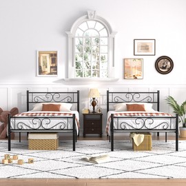 VECELO Twin Size Bed Frame with Headboard, 14 Inch Metal Platform Mattress Foundation, No Box Spring Needed, Easy Assembly, 2 PCS, Matte Black