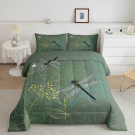 Homewish Dragonfly Comforter Set Queen Size,Dandelion Floral Bedding Set 3Pcs for Kids Girls Teens Women Bedroom Decor Nature Animals Botanical Quilted Duvet Vintage Green Duvet Insert,2 Pillowcases