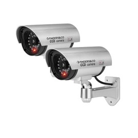 F FINDERS&CO Fake Security Camera, Dummy CCTV Surveillance System with Realistic Red Flashing Lights and Warning Sticker (2, Silver)