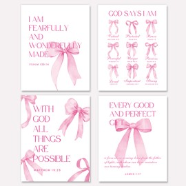 Shescrzionu 4 PCS Coquette Room Decor and Pink Bow Decor Room Decor For Teen Girls, Bible Verses Wall Decor, Preppy Posters for 10x8 Inch Set of Bow Pictures for Bedroom - A02