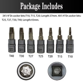 7PCS Torx Star 6 Point 1/4-Inch Impact Drive Socket Kit, Broken Bolt Extractor with T10 T15 T20 T25 T27 T30 T40 - Damaged & Stripped & Fastener Screw Remover Tool Set