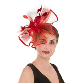 Fascinator Hat Mesh Net Veil Party Hat Flower Hat Clip and Hairband for Women (A1-Large Mash Red)