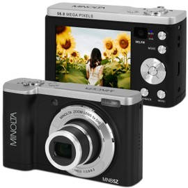 Minolta 56MP Dual Lens Digital Camera – 5X Optical Zoom, 5K Ultra HD Video, CMOS Sensor, 2.8-inch LCD Screen, Stabilization, Selfie Lens, 32GB Card, Rechargeable Battery (Black)