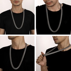 ROWIN&CO Men's Curb Chain Necklace Silver Chain Stainless Steel Hip Hop Jewellery Miami Cuban Chain 15 mm 45-88 cm Cuban Link Chain Link Chain, Stainless Steel, No Gemstone