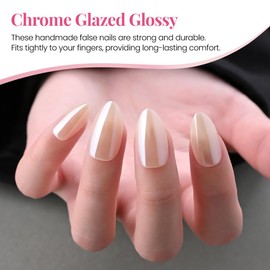 Press on Nails Short Almond - Nude Chrome Glazed Glossy Press on Nail Tips Glue On Nails with Nail Glue for Gift, Reusable Stick On Nails in 15 Sizes - 30 Full Cover Acrylic Soft Gel Fake Nails Kit