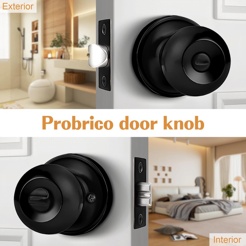 Probrico Flat Black Ball Privacy Door Knobs, Interior Bedroom Bathroom