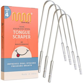 Rascador de lengua 100% acero inoxidable, paquete de 4, combate el mal aliento, ideal para el cuidado bucal, limpiador de lengua de grado médico para adultos y niños, fácil de usar con mango no sintético