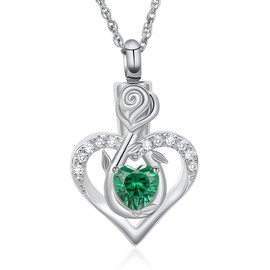 QGJNSGC Rose Flower Cremation Jewelry Heart Urn Necklace for Ashes for Women Gilrs Memorial Keepsake Birthstone Pendant Necklaces for Loved One's Ashes, Stainless Steel