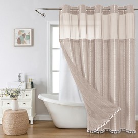 eachope No Hook Extra Long Shower Curtain with Snap-in Liner Set,Boho Chic Striped Tassel Linen Fabric Shower Curtain,Tall Modern Farmhouse Cute Cloth Shower Curtains for Bathroom,Tan/Taupe,71x86