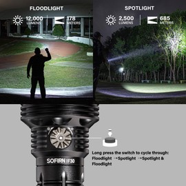 sofirn IF30 Flashlight High Lumens, 12000 Lumens Ultra Bright Flashlight with 685 Meters Beam Distance Spotlight, Rechargeable Flashlight USB C, LED Flashlight Waterproof for Hunting, Searching