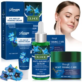 Blue Gentian Set of 3 Organic Firming Night Cream, Organic Anti-Wrinkle Serum and Anti-Wrinkle Eye Care & Lip Care, Blue Gentian & Edelweiss, Anti-Ageing Cream Women, for All Skin Types