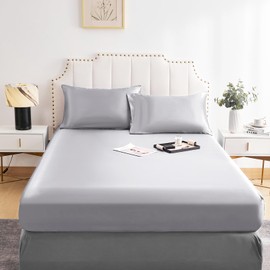 DuShow Satin Fitted Sheet Silver Grey Single Bed 100 x 200 cm, Silky Satin Bed Sheets with Deep Pockets, Breathable Soft Satin Bed Linen Fitted Sheet Silver Grey, Suitable for Mattresses up to 30 cm