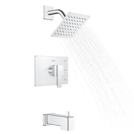 KENES Chrome Tub and Shower Trim Kit, Square Tub Shower Faucet Set Complete with 6-Inch Rainfall Shower Head and Tub Spout, KE-6025A-5 (Shower Valve Included)