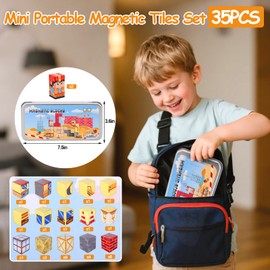 Vodolo 35pcs Portable Mini Magnetic Blocks Travel Set,Mini Magnetic Tiles for Kids with Skyscraper Theme Magnet Box,Building Magnetic Cubes for Kids Airplane Car Travel Roadtrip Essentials