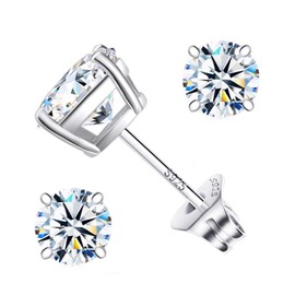 925 Sterling Silver Round Cubic Zirconia Stud Earrings Simulated Diamond Earrings for Women Men 18K White Gold Plated Hypoallergenic for Sensitive Ears 4mm