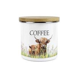 Purely Home Highland Cow & Calf Kitchen Coffee Storage Canister - Countryside Farm Metal Enamel Food Storage Container