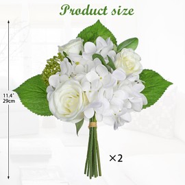 Hollyone 2 Bundles Artificial Hydrangea Bouquet White with Fake Roses Flowers Spring Summer Silk Flowers Mixed Bush for Cemetery Grave Party Wedding Floral Arrangements Office Home Decor