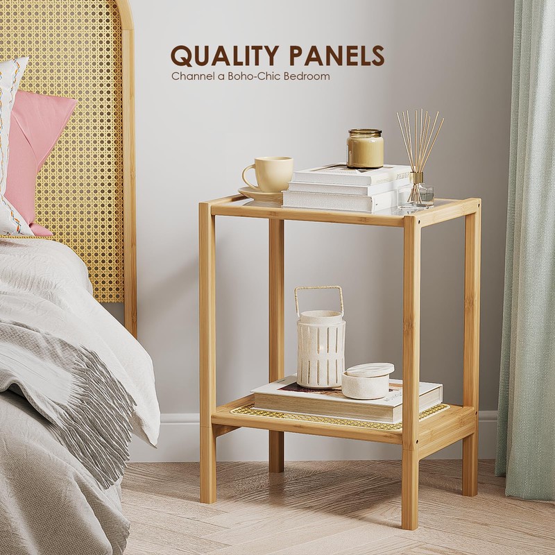 Bamworld Side Table Nature Rattan Night Stand Glass End Table