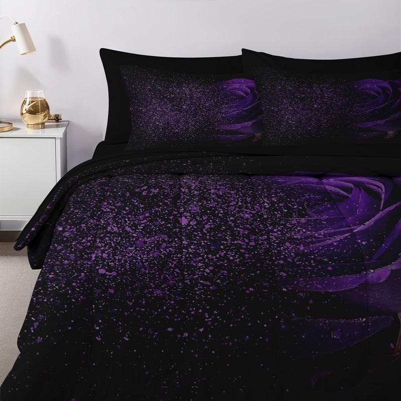 Nesker Comforter Set King Size, Purple Rose 7 Pcs Bedding