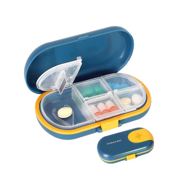Pastillero, Organizador de Pastilla, con 4 Compartimentos，Cuchilla incorporada，Pastillero Diario de Viaje，Suplementos y Medicamentos (azul)