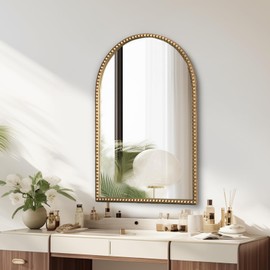 ietat Arched Gold Wall Mirror Antique Beaded Frame Bathroom Wall Mirror Baroque Vanity Mirror Decorative Mirrors for Living Room,Bedroom