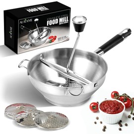 AURAME Premium Stainless Steel Food Mill - Effortless Pureeing, Straining & Milling for Soups, Sauces, Baby Food, and More – Includes 3 Interchangeable Discs – Durable & Easy-to-Clean Design