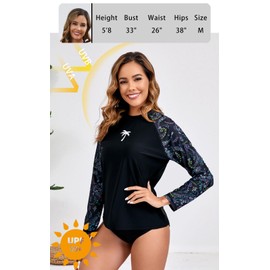 Halcurt Women's Long Sleeve Rash Guard Swim Top UPF50+ SPF Sun Protection Swimsuit Quick Dry Bathing Suit Black Paisley Coconut Tree M