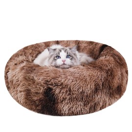 Round Calming Dog & Cat Bed, Anti-Anxiety Donut Cuddler Warming Cozy Soft Round Bed, Fluffy Faux Fur Plush Cushion Bed, Washable Soft Warm Pet Bed with Non-Slip Bottom (Brown, XS(20*20*6in))