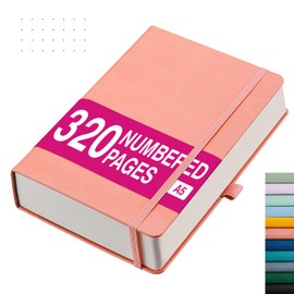 RETTACY A5 Bullet Dot Grid - Dotted Notebook With 320 Numbered Thick Journal Leather Hardcover 100gsm Paper Pen Holder, Inner Pocket, 2 Free Journal Stencils 14.5 x 21cm-Pink