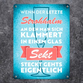 "Wenn der letzte Strohhalm in einem Glas Sekt steckt" Metal Sign in 15 x 20 cm gehts eigentlich Funny Tin Sign with Champagne Saying for Everyone Who Likes to Drink Champagne