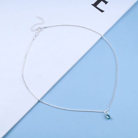 Erimberate Bohemian Blue Square Pendant Necklace Rhinestone Chain Necklace Silver Cz Necklace Choker Tiny Rectangle Necklace Jewelry for Women and Girls