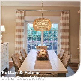 18" Rattan Farmhouse Chandeliers for Dining Room,3-Light Hand-Woven Rattan Chandelier,Fabric Shade Boho Chandelier Pendant Light fixture Drum Chandelier Hanging Lights for Bedroom Kitchen Island