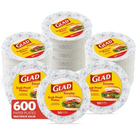Glad Round Disposable Paper Plates for All Occasions | New & Improved Quality | Soak Proof, Cut Proof, Microwaveable Heavy Duty Disposable Plates | 10" Diameter, 600 Count Bulk Paper Plates,Blue,White