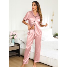 Lovasy Satin Pyjamas Women's Long Short Sleeve Pyjamas Set with Buttons V-Neck Pjs Sets Leisure Suit Women's Two Piece, pink