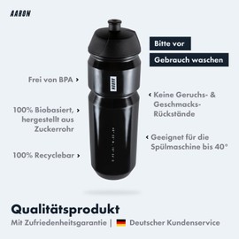 AARON ECO Trinkflasche 100% biologisch abbaubar, 750 ml, leicht und auslaufsicher, praktische BPA-freie Wasserflasche für Sport, Fitness, Wandern, Outdoor in schwarz