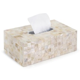 PEMAR Rectangular Mother of Pearl Lacquer Nacre Inlay Wood Tissue Box, Handmade Rectangle Tissue Box Cover Holder Decorative Napkin Dispenser Organizer Rustic Farmhouse Vintage Decor (White Sand)