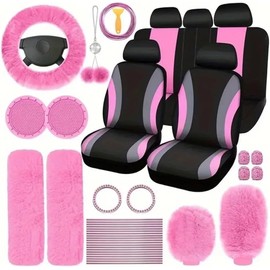 Juego de 45 accesorios de felpa para el interior del coche, de lana sintética, fundas de cambio de freno de mano, suave y esponjosa, decoración automática para mujeres y niñas, apto para sedán (rosa)