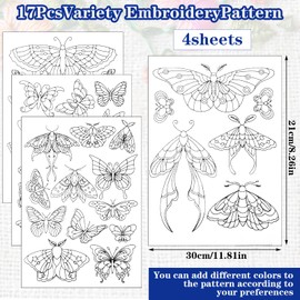 4 Sheets Stick and Stitch Embroidery Paper Patterns, Butterflies Stabilizer Water Soluble Hand Sewing, Embroidery Stencils, Embroidery Pattern for Hand Sewing Lover Beginners, Jean Bag T-Shirt (40Pcs)